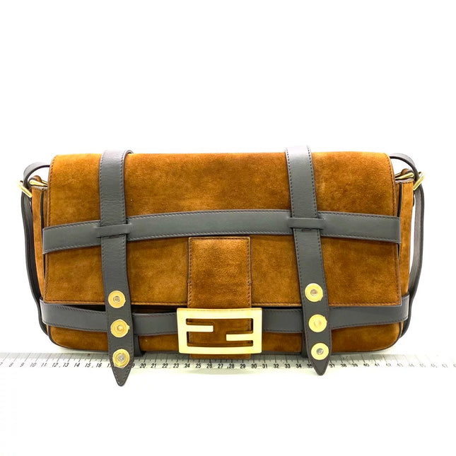 Fendi Baguette Brown Suede Leather Large Baguette Cage Removable Leather Belts-Luxbags