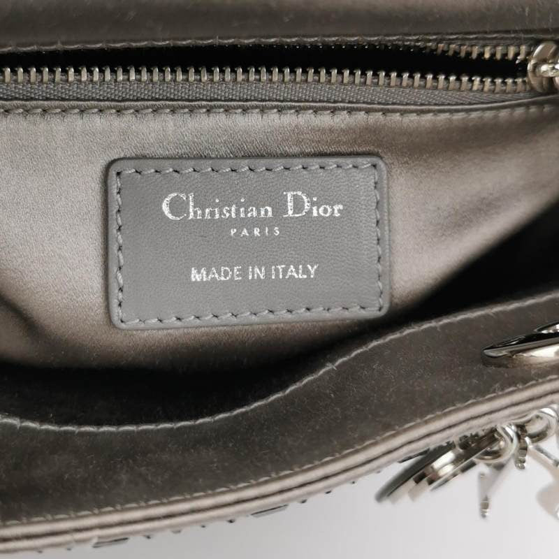 Lady Dior Mini Grey Silk with Crystals Silver Hardware