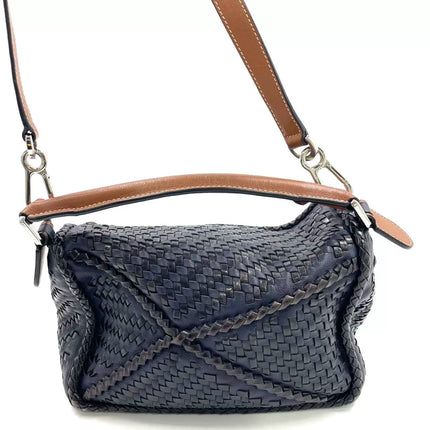Loewe Puzzle Small Leather Woven Braided Navy Crossbody Bag