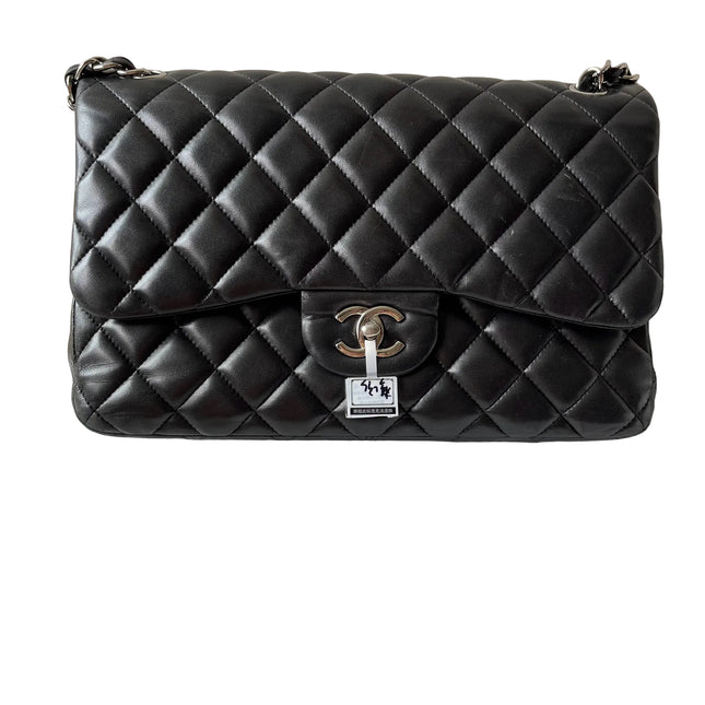 Chanel Classic Flap Jumbo Black Lambskin Leather Double Flap Silver Hardware 2012