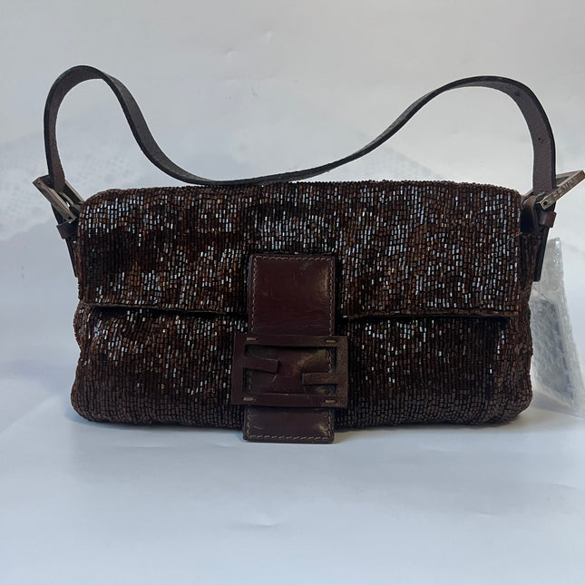 Fendi Baguette Vintage Dark Chocolate Brown Glitter Beads