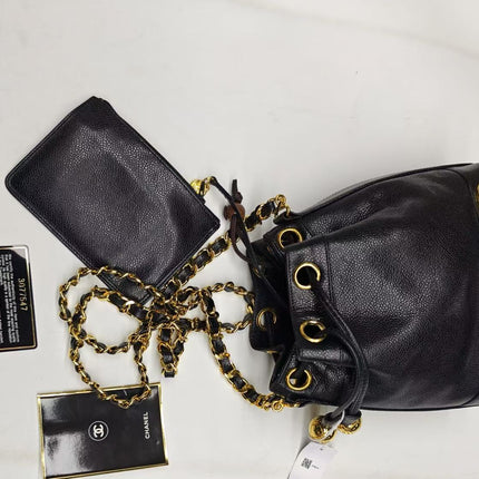 Chanel Vintage Mini Bucket Bag Black Caviar Leather Gold Logo, 1996-1997