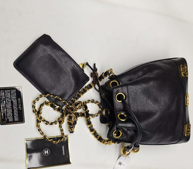 Chanel Vintage Mini Bucket Bag Black Caviar Leather Gold Logo, 1996-1997