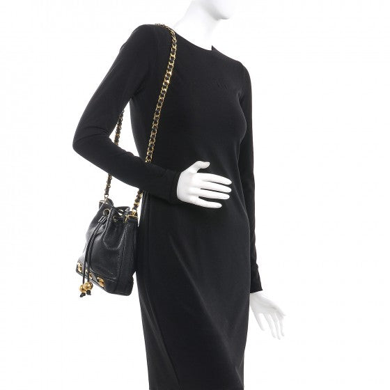 Chanel Vintage Mini Bucket Bag Black Caviar Leather Gold Logo, 1996-1997