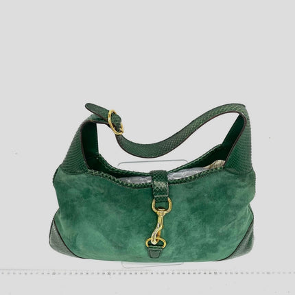 Gucci Jackie Vintage Large Green Suede and Snake-skin Leather Gold Hardware