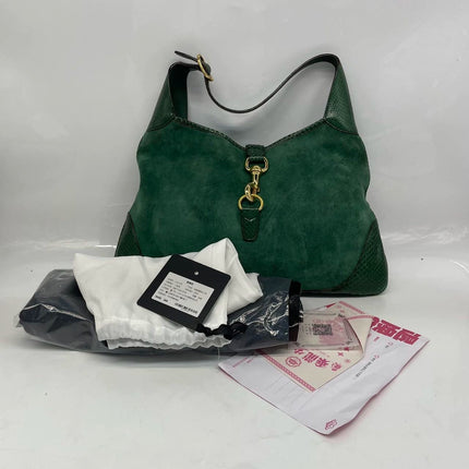 Gucci Jackie Vintage Large Green Suede and Snake-skin Leather Gold Hardware