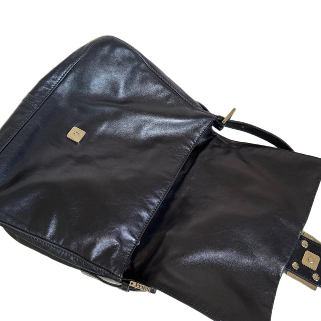 Fendi Mamma Baguette Black Lambskin Leather Green Enamel Buckle