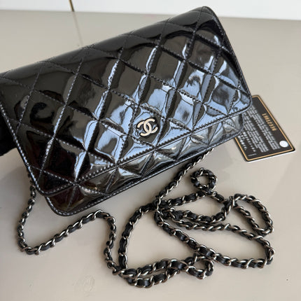 Chanel Wallet on Chain Classic Flap Black Patent Leather Silver Hardware