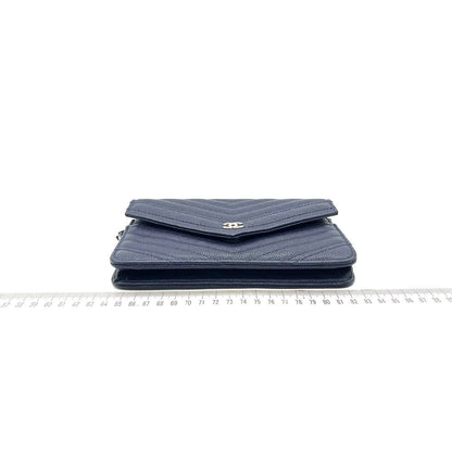 Chanel Chevron Wallet on Chain Navy Caviar Leather with Silver Hardware