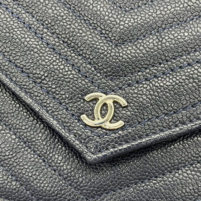 Chanel Chevron Wallet on Chain Navy Caviar Leather with Silver Hardware