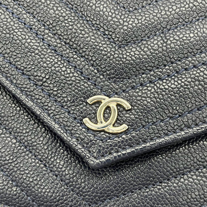 Chanel Chevron Wallet on Chain Navy Caviar Leather with Silver Hardware