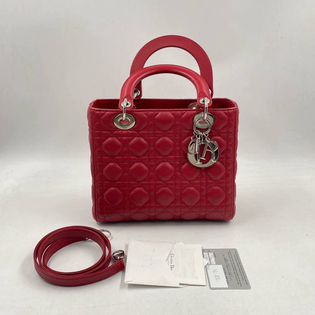 Sold Lady Dior Medium Bag Red Lambskin Cannage Leather