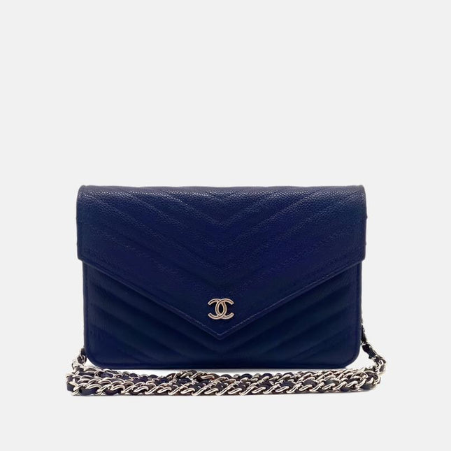 Chanel Chevron Wallet on Chain Navy Caviar Leather with Silver Hardware-Luxbags