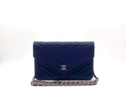 Chanel Chevron Wallet on Chain Navy Caviar Leather with Silver Hardware-Luxbags