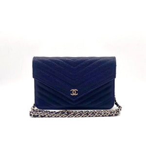 Chanel Chevron Wallet on Chain Navy Caviar Leather with Silver Hardware