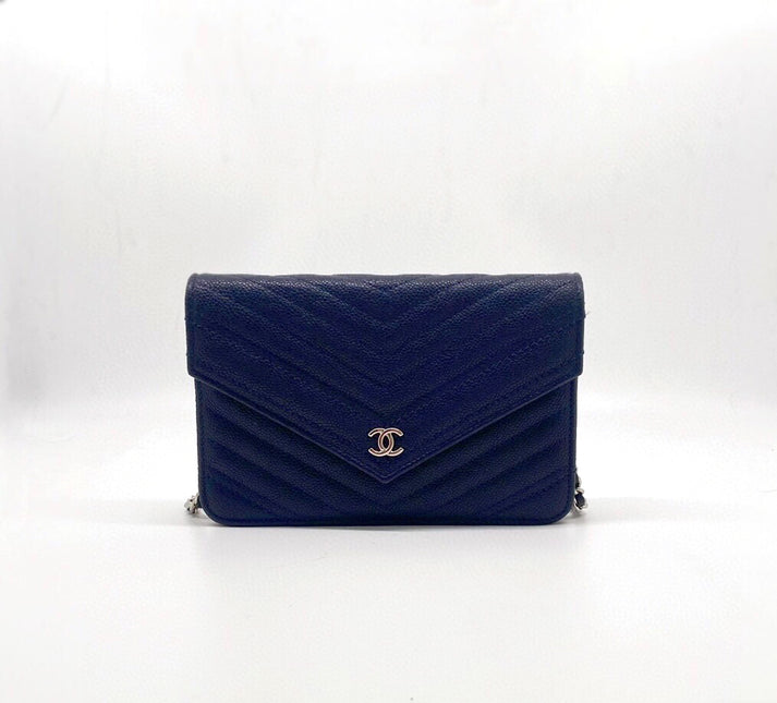 Chanel Chevron Wallet on Chain Navy Caviar Leather with Silver Hardware