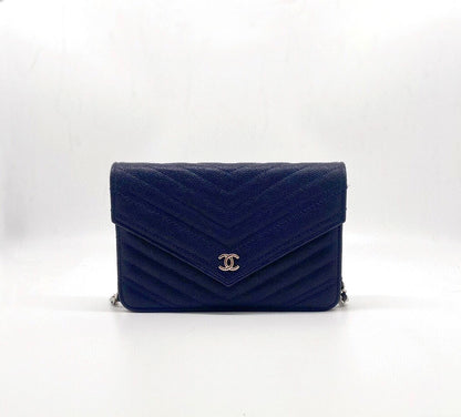 Chanel Chevron Wallet on Chain Navy Caviar Leather with Silver Hardware