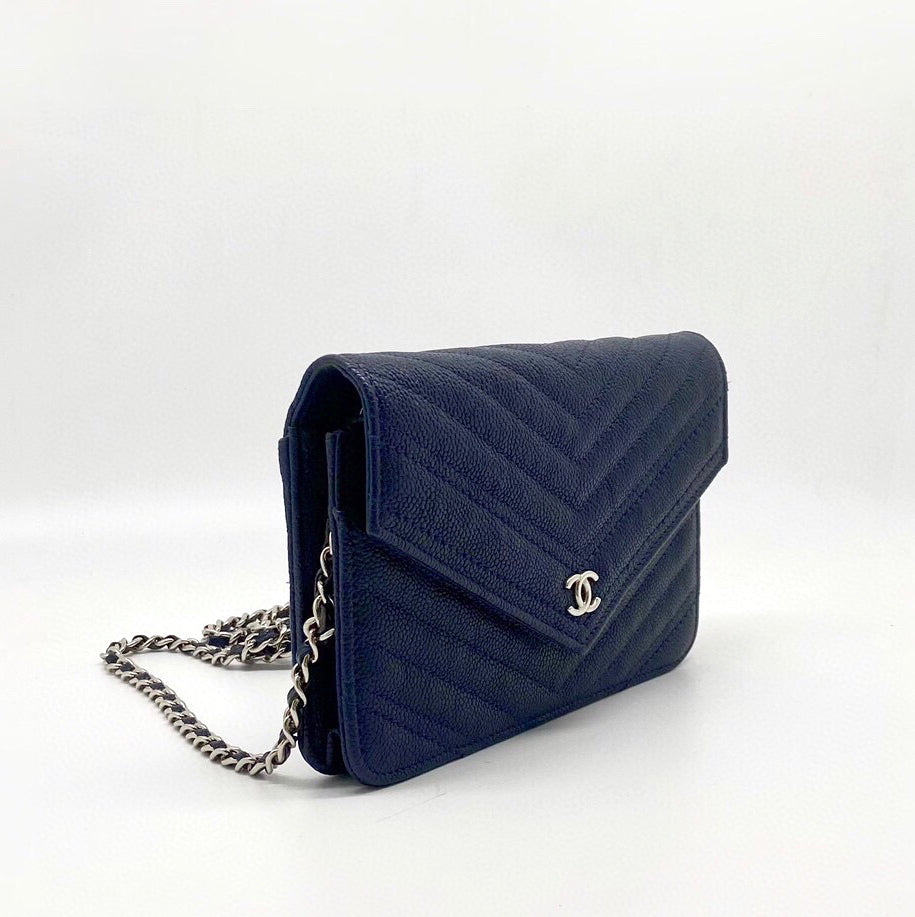 Chanel Chevron Wallet on Chain Navy Caviar Leather with Silver Hardware