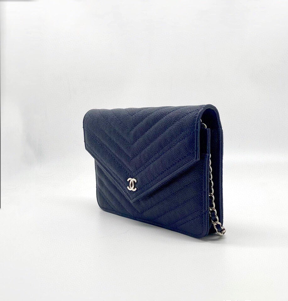 Chanel Chevron Wallet on Chain Navy Caviar Leather with Silver Hardware