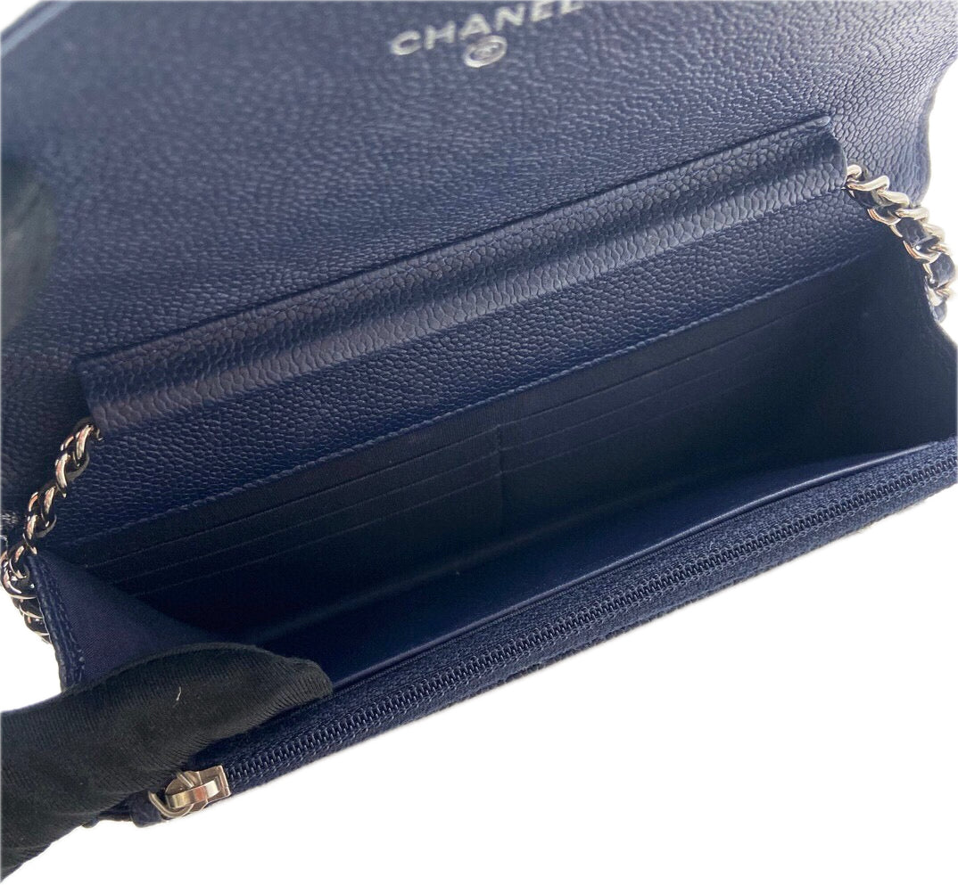 Chanel Chevron Wallet on Chain Navy Caviar Leather with Silver Hardware