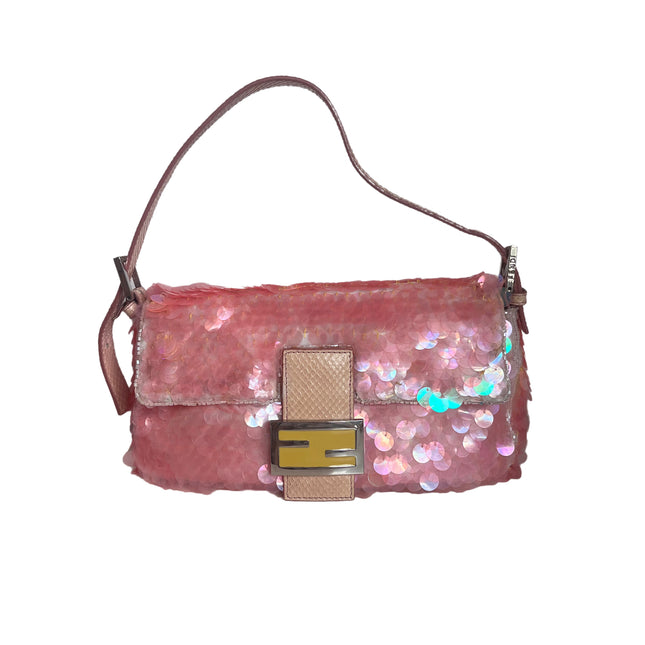 Fendi Baguette Pink Translucent Circular Sequins with Python-skin Leather Strap-Luxbags