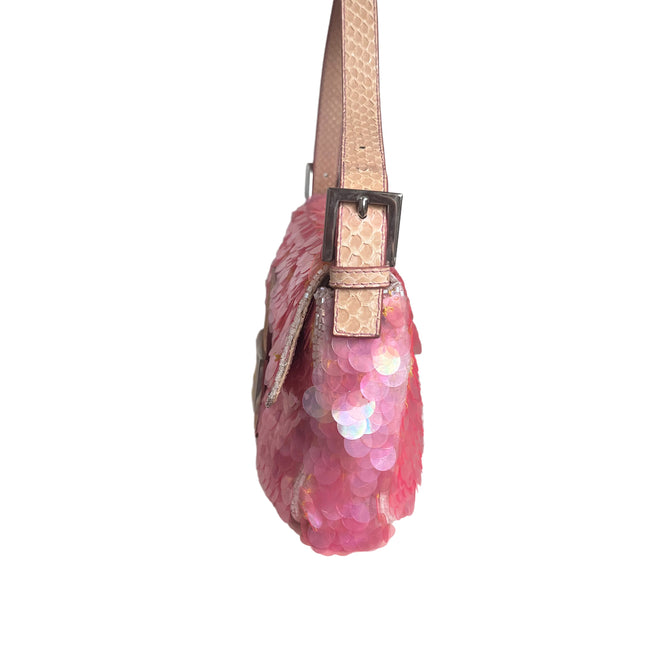 Sold Fendi Baguette Pink Translucent Circular Sequins with Python-skin Leather Strap