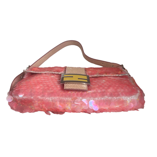 Sold Fendi Baguette Pink Translucent Circular Sequins with Python-skin Leather Strap