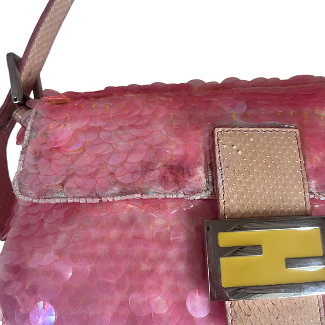 Sold Fendi Baguette Pink Translucent Circular Sequins with Python-skin Leather Strap