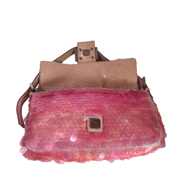 Sold Fendi Baguette Pink Translucent Circular Sequins with Python-skin Leather Strap