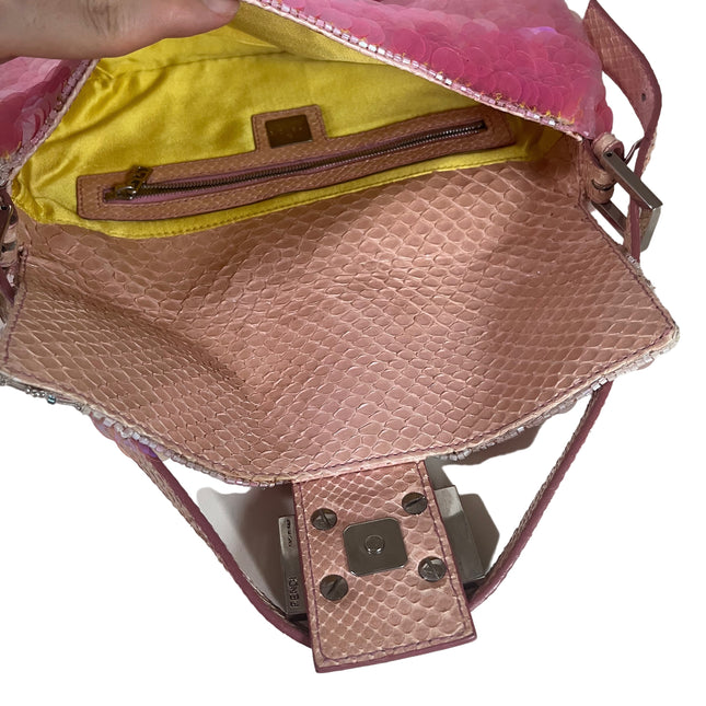 Sold Fendi Baguette Pink Translucent Circular Sequins with Python-skin Leather Strap