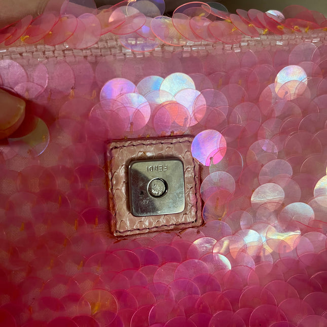 Sold Fendi Baguette Pink Translucent Circular Sequins with Python-skin Leather Strap