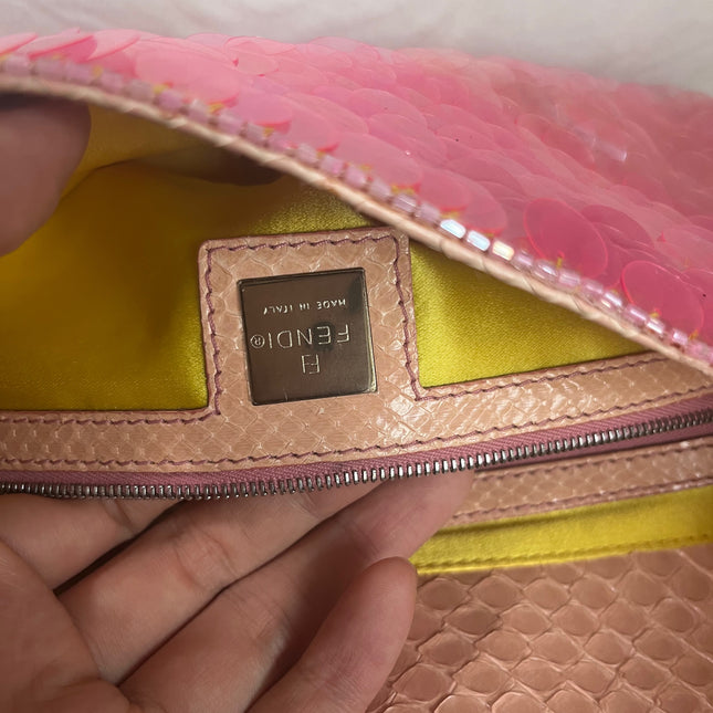 Sold Fendi Baguette Pink Translucent Circular Sequins with Python-skin Leather Strap