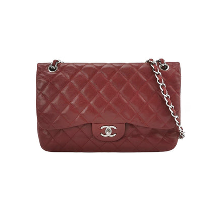 Chanel Classic Flap Jumbo Dark Red Caviar Leather Double Flap Silver Hardware