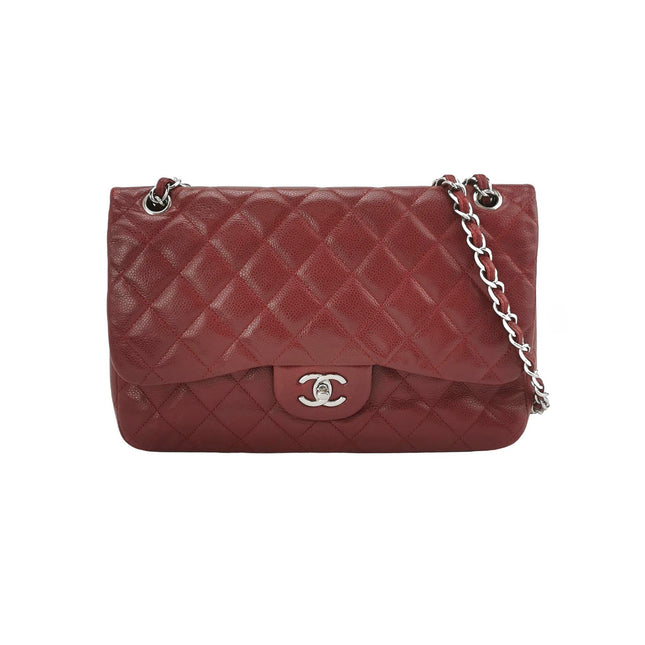 Chanel Classic Flap Jumbo Dark Red Caviar Leather Double Flap Silver Hardware