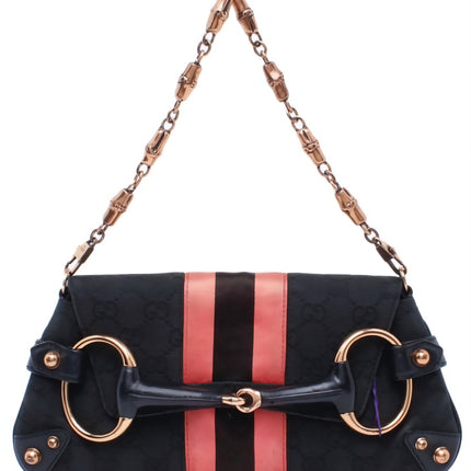 Gucci Horsebit 1955 Chain Shoulder bag Black monogram with Pink silk stripe-Luxbags