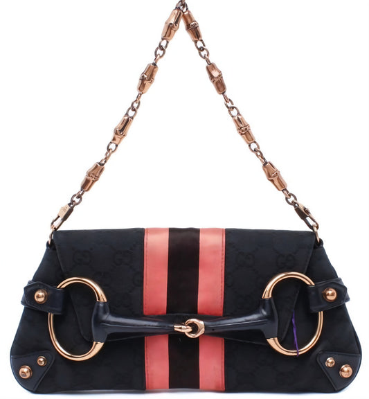 Gucci Horsebit 1955 Chain Shoulder bag Black monogram with Pink silk stripe-Luxbags