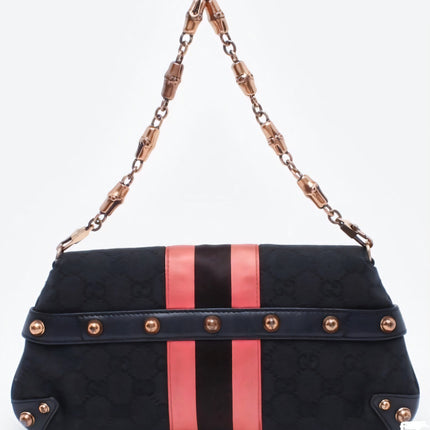 Gucci Horsebit 1955 Chain Shoulder bag Black monogram with Pink silk stripe