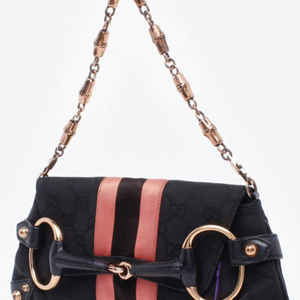 Gucci Horsebit 1955 Chain Shoulder bag Black monogram with Pink silk stripe