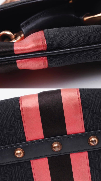 Gucci Horsebit 1955 Chain Shoulder bag Black monogram with Pink silk stripe