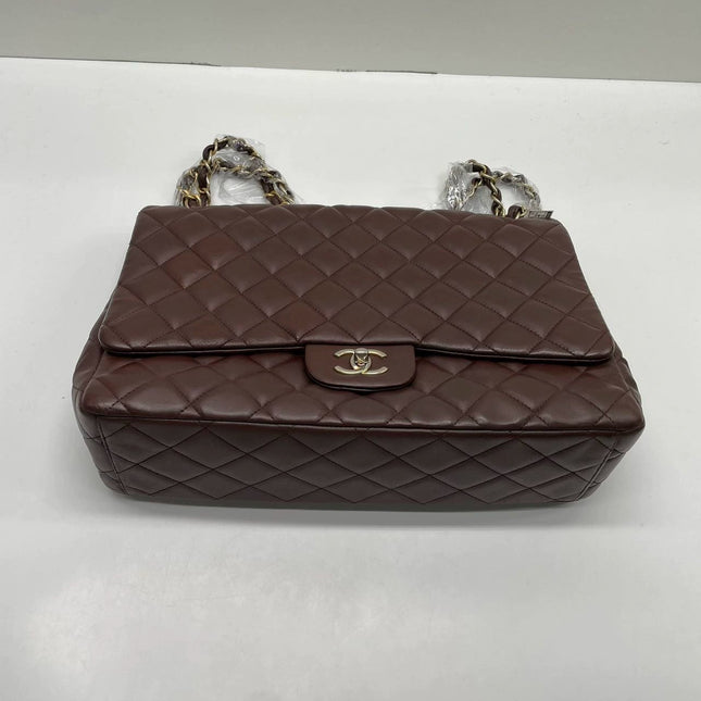 Chanel Classic Flap Maxi Chocolate Brown Lambskin Leather Single Flap Gold Hardware