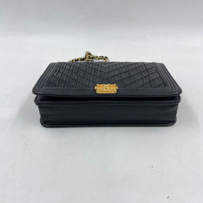 Chanel Wallet on Chain WOC Boy Black Calfskin Leather Chevron Wrinkled Effect