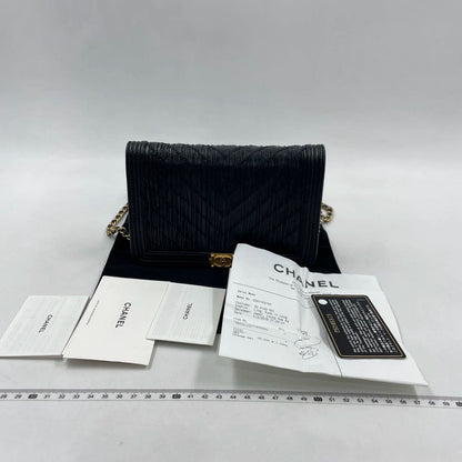 Chanel Wallet on Chain WOC Boy Black Calfskin Leather Chevron Wrinkled Effect