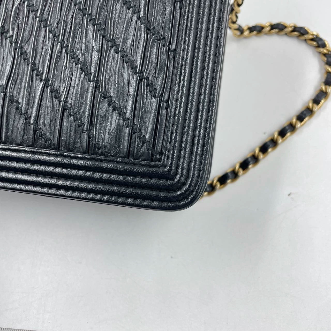 Chanel Wallet on Chain WOC Boy Black Calfskin Leather Chevron Wrinkled Effect