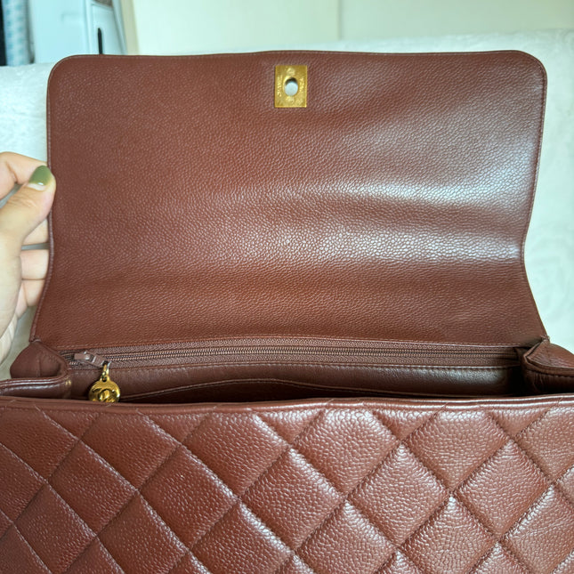 Sold Chanel Vintage Top Handle Kelly Dark Caramel Flap Bag Caviar Leather 24k Gold Plated Hardware, 2000-2002