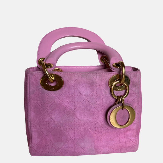 Lady Dior Vintage Mini Pink Suede with Yellow Gold-tone Hardware-Luxbags