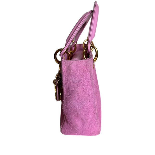 Sold Lady Dior Vintage Mini Pink Suede with Yellow Gold-tone Hardware