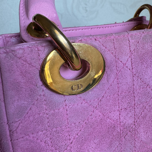 Sold Lady Dior Vintage Mini Pink Suede with Yellow Gold-tone Hardware