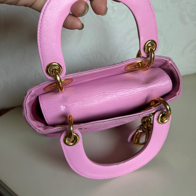 Sold Lady Dior Vintage Mini Pink Suede with Yellow Gold-tone Hardware