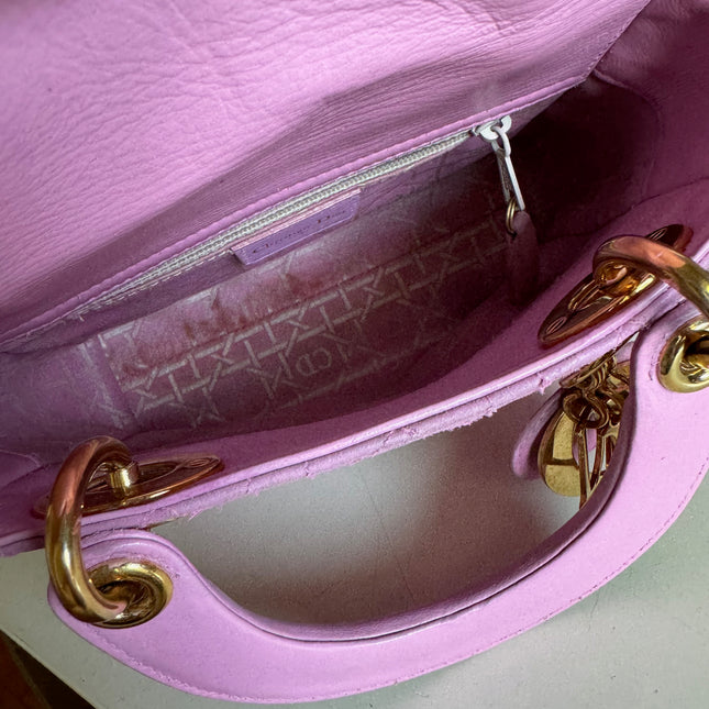 Sold Lady Dior Vintage Mini Pink Suede with Yellow Gold-tone Hardware