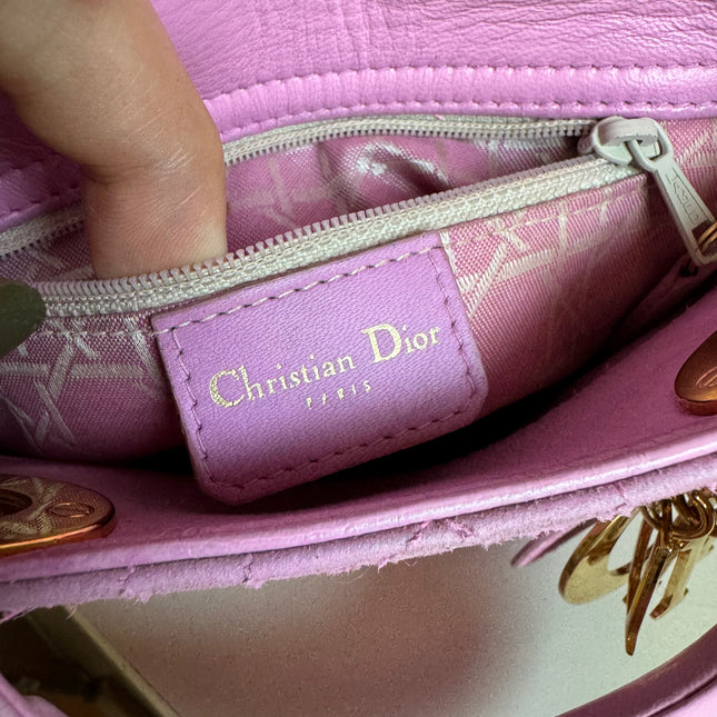 Sold Lady Dior Vintage Mini Pink Suede with Yellow Gold-tone Hardware